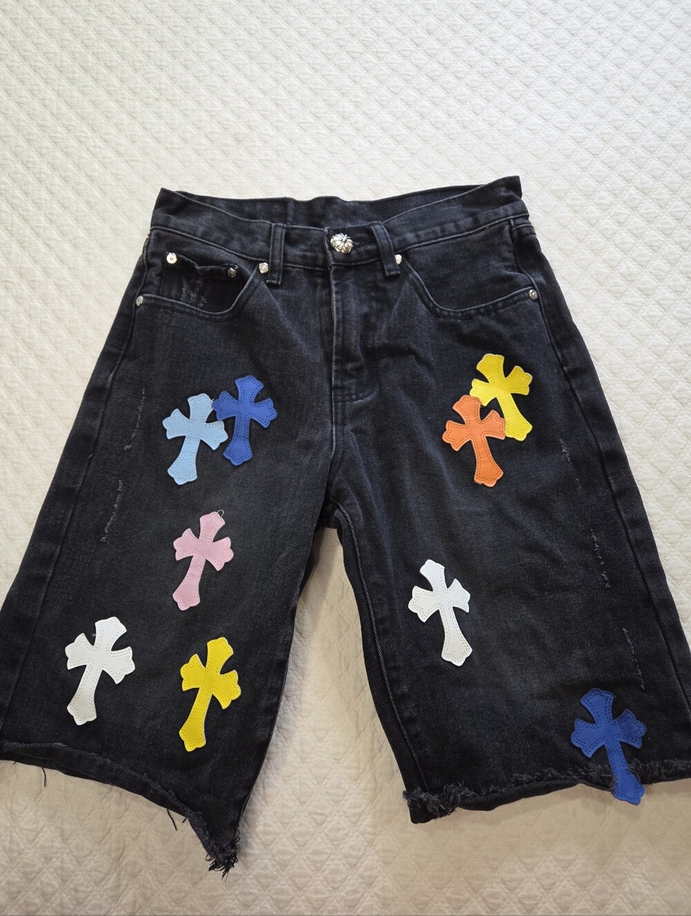 Chrome Hearts Cross Black Jorts Size 28 Colorful Applique Crosses Shorts